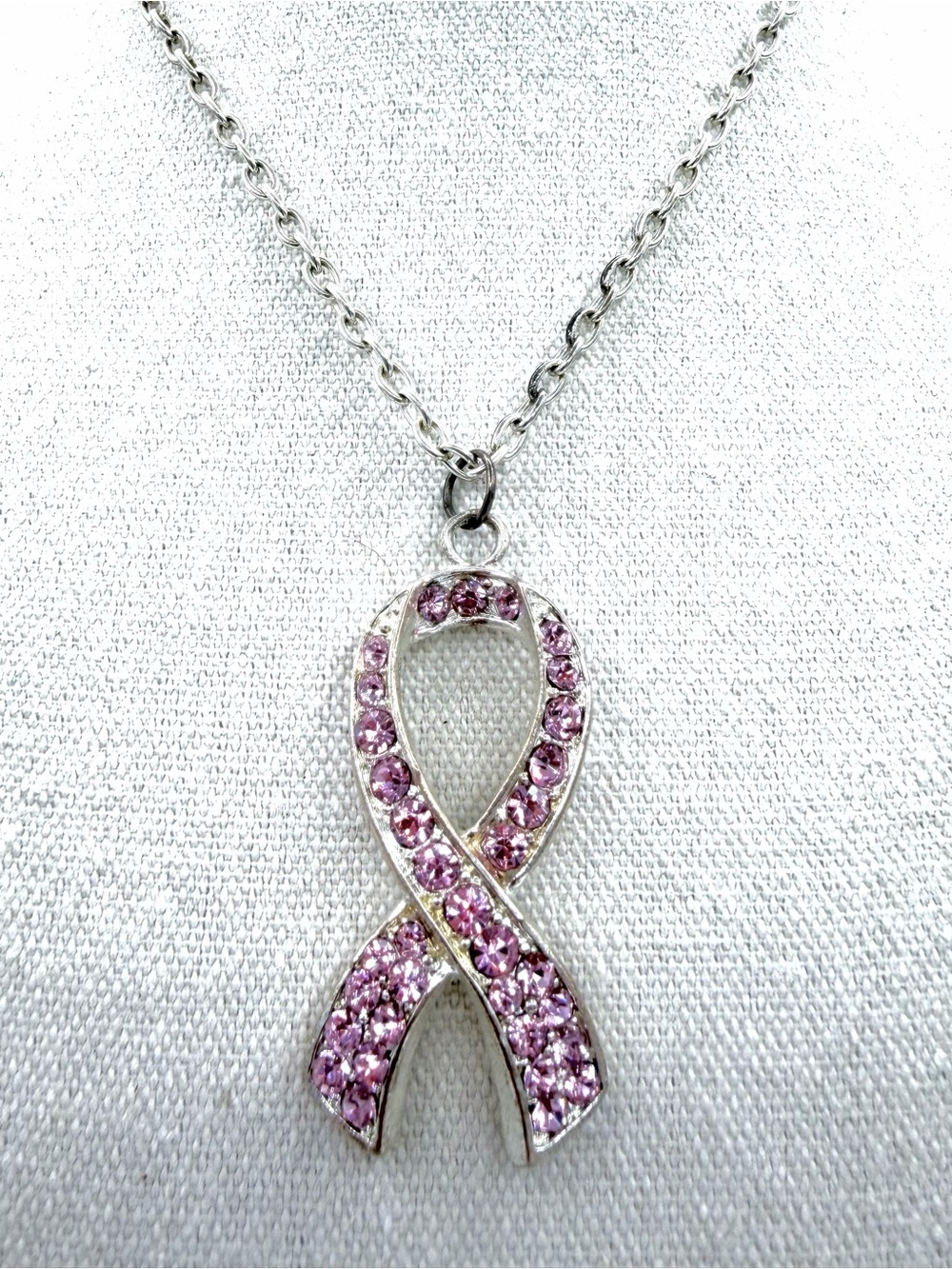 Breast Cancer Awareness Survivor Pink Ribbon Silver-Tone Rhinestone Necklace